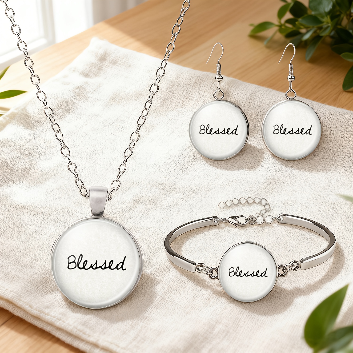 4pc White Jewelry Set with Blessed Text, Gift Ready